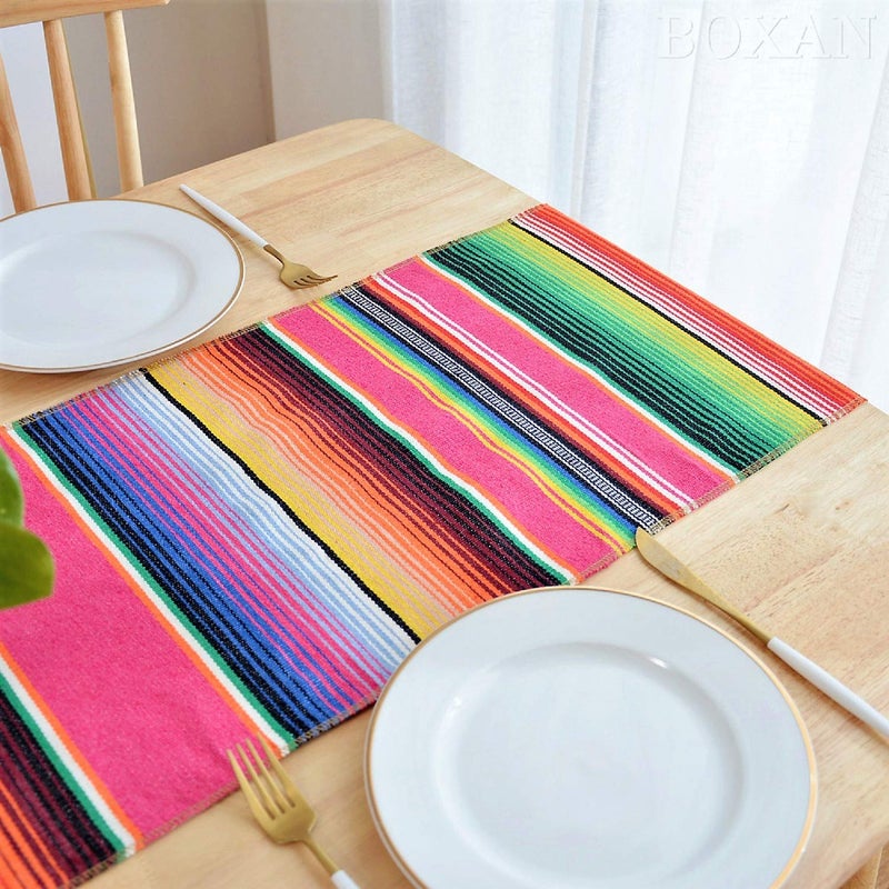 BOXAN Mexican Serape Table Runner for Mexican Party Wedding Decorations Outdoor Picnics Dining Table, Fringe Cotton Blanket Fiesta Table Runners, 14 x 84 Inch - Image 2
